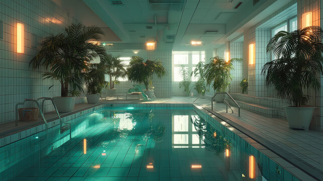 Indoor swimming pool area with lush green plants and ambient lighting in a luxurious wellness facility