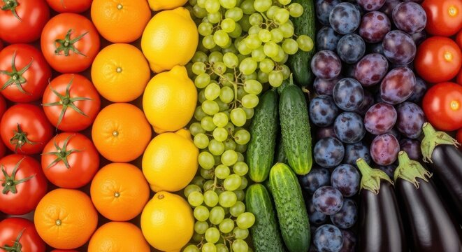 Produce organized in rows by color including tomato orange lemon grape