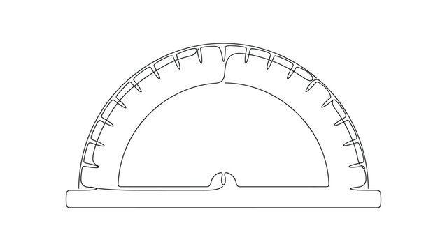 Continuous single line drawing of a school protractor tool.