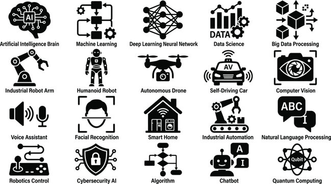 Artificial intelligence machine learning and robotics black silhouette vector icon set flat illustration isolated on white