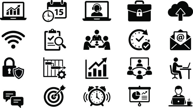 Business office project management and remote work black silhouette vector icon set flat illustration isolated on white