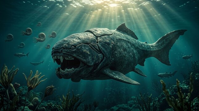 Massive armored Dunkleosteus swimming through the ancient Devonian ocean with prehistoric fish and ammonites.
