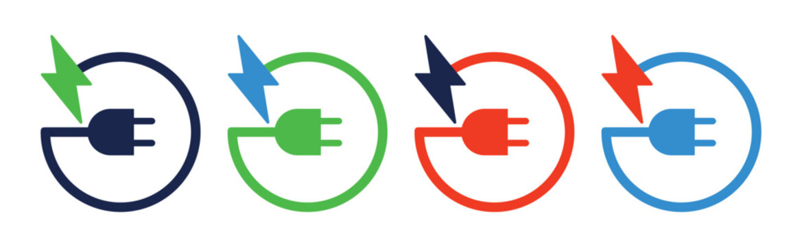 Vector electric plug icons with lightning bolts in four colors