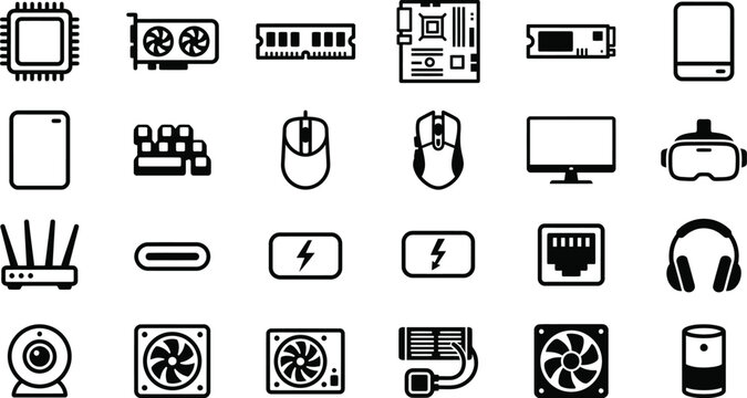 computer hardware pc components electronics icon set black silhouette vector flat graphic element isolated on white background
