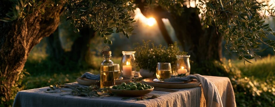 Elegant outdoor dining setup in nature's light.
