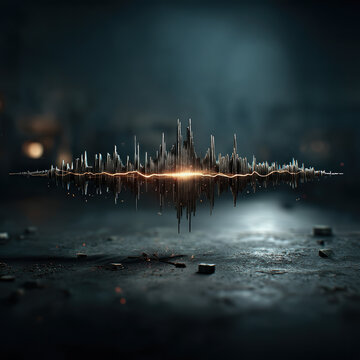 Futuristic abstract sound wave visualization with glowing lines and digital data effects on dark background