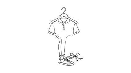 Obraz premium Minimalist continuous line art of a polo shirt outfit with sneakers.