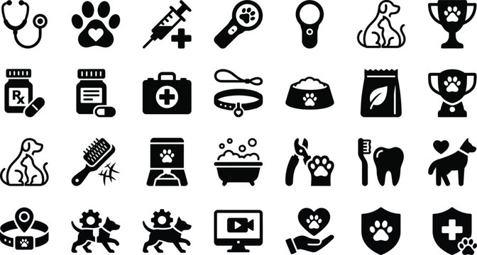 Pet care veterinary and animal grooming black silhouette vector icon set flat illustration isolated on white background