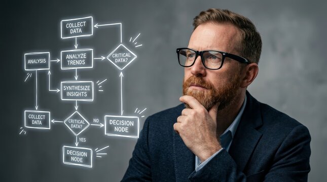 Pensive man using logical thinking and structured reasoning to analyze information.