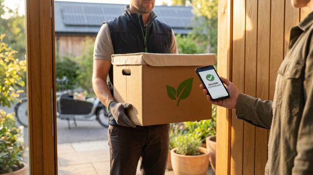 Delivery person handing a cardboard box to a customer at the door with a delivery confirmation on a smartphone screen