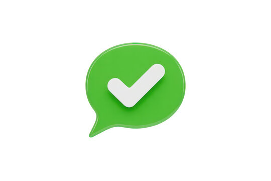 A3d rendered green speech bubble with a white check mark, showing a slightly different perspective, isolated on a white background