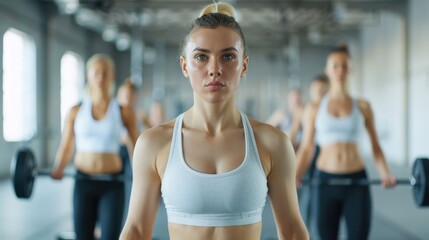 Fototapeta premium A determined woman leads a class of athletes through a vigorous weightlifting workout in a bright contemporary fitness studio