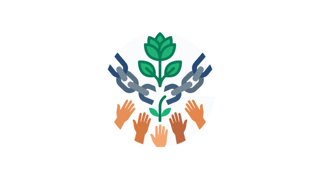 Symbolic illustration of diverse hands freeing a green plant from broken chains