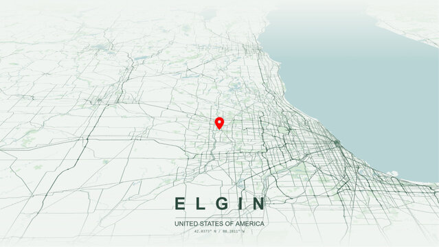 Modern minimalist vector map of Elgin, Illinois, USA. High-quality scalable illustration of Elgin city grid, Fox River waterfront contours, U.S. Route 20 for posters design.