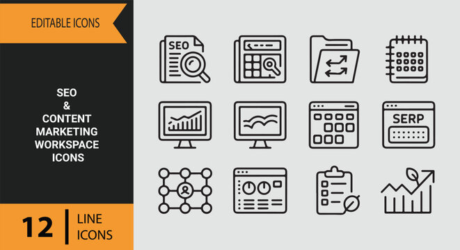 SEO Content Marketing Workspace Outline Icons for Search Optimization Projects