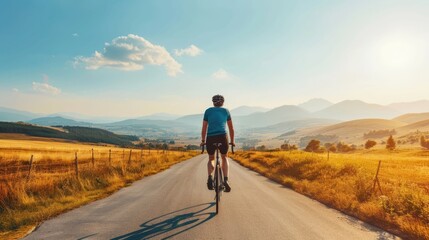 Obraz premium Scenic outdoor journey of a cyclist on an asphalt road through expansive rural landscapes bathed in warm natural daylight