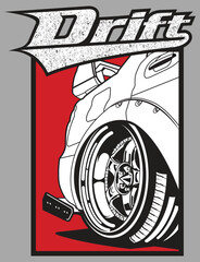 Drift racing car vector illustration, vintage automotive sports poster with grunge text, modified jdm style street car graphic for apparel design © md