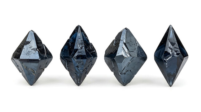 Four Natural Blue Spinel Octahedral Raw Gemstone Crystals Isolated on White Background
