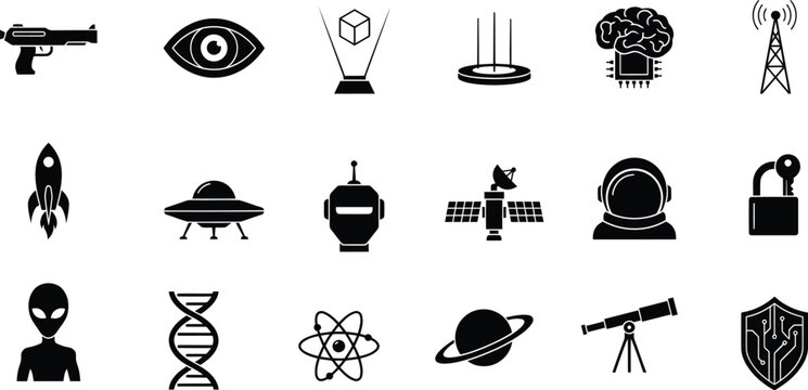 Science fiction and technology icons set on a white background