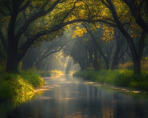 Fototapeta premium Serene River Through Forest Canopy Sun Rays Illuminate Natures Beauty.