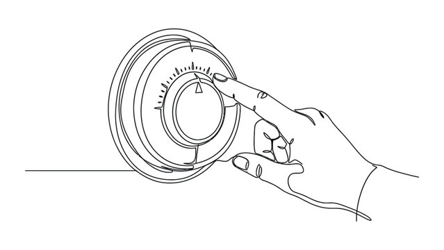 Continuous one line drawing of a hand adjusting a thermostat dial.