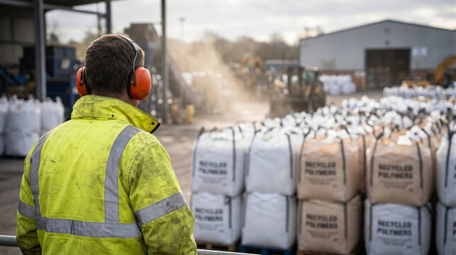 Worker in high visibility jacket and ear defenders standing in a recycling facility with large bags of recycled polymers in the background