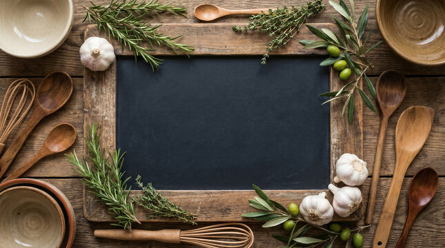 Empty chalkboard frame on rustic wooden table with herbs, garlic, olive branches, and kitchen utensils for food menu background