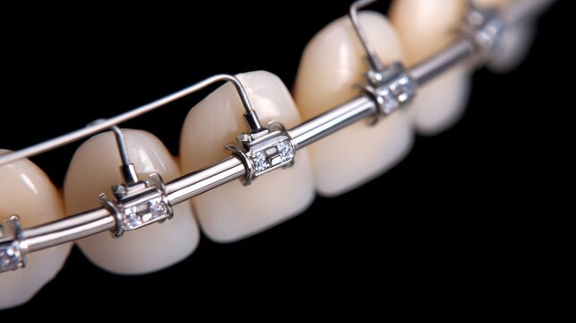 Close-up view of orthodontic braces attached to aligned dental teeth against a black background