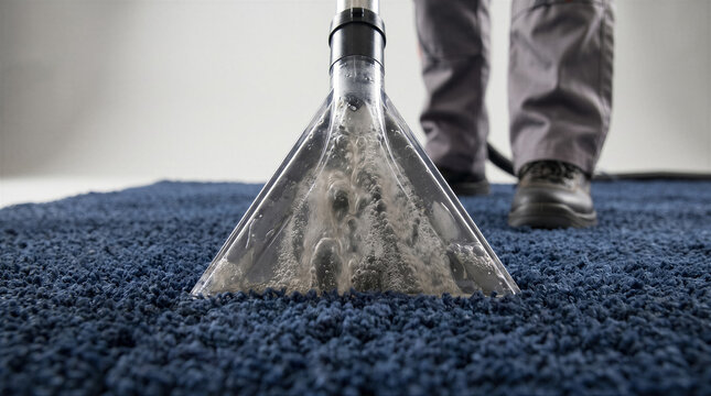 Professional carpet cleaning service with a vacuum cleaner extracting dirt and water from a deep blue rug in a closeup view
