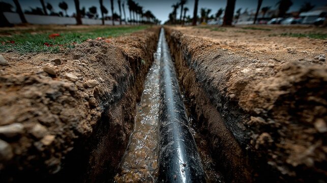 A ditch holds a black pipe, with water flowing through, road in the background