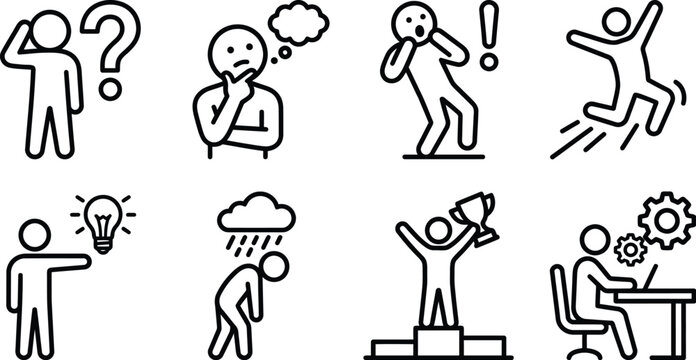 Business people character emotion icon set with confused thinking surprised jumping idea sad winner working poses