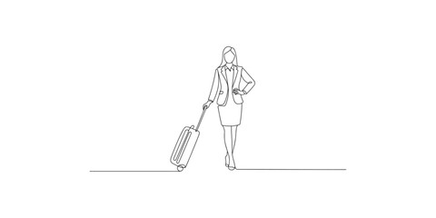 Obraz premium A simple line drawing of a businesswoman pulling a suitcase on a white background