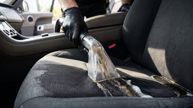 Professional car interior detailing with a vacuum extraction machine cleaning a dirty fabric seat
