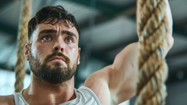 Close up of a sweaty determined man gripping a thick rope his face showing intense focus and exertion as he climbs in a gym setting representing physical strength and willpower
