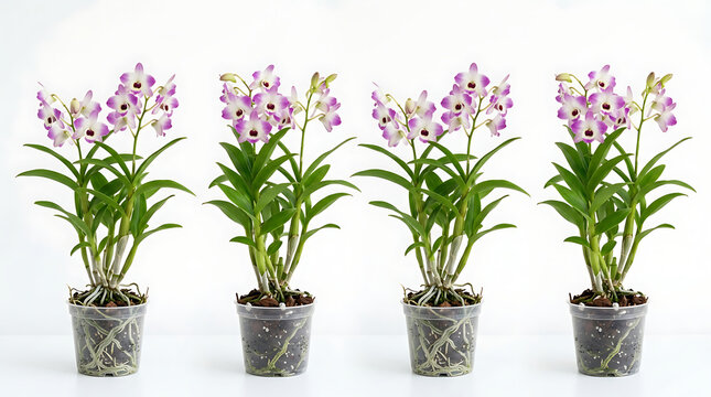 Four Potted Dendrobium Orchid Plants Arranged in a Row Isolated on a White Background