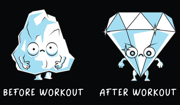 funny ice cube and diamond characters, workout humor, before and after exercise, cartoon vector illustrations, fitness motivation, gym humor, ice cube and diamond transformation