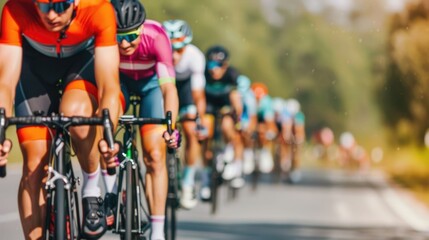 Naklejka premium A group of cyclists in colorful racing uniforms and helmets pedals intensely on an open road under bright sunlight showcasing speed and athleticism