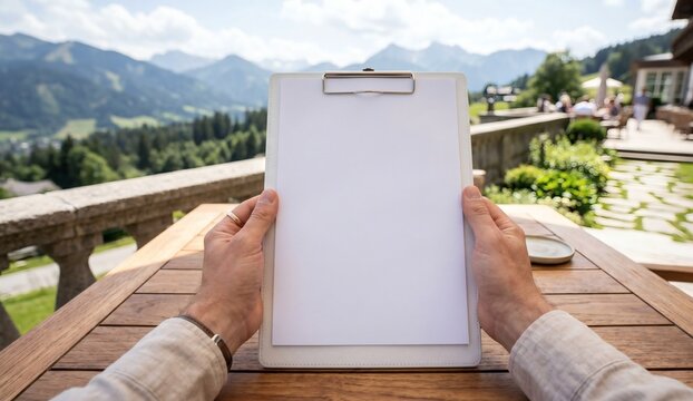 Blank white leather clipboard mockup held in hands POV resort