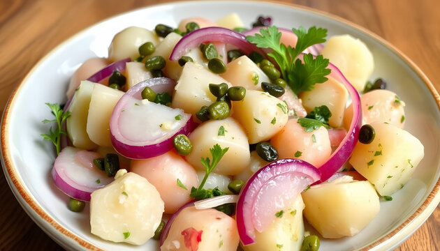 new potato salad with red onion, capers, greens, smooth light. White tone
