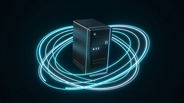 A futuristic computer tower with glowing blue neon lights.
