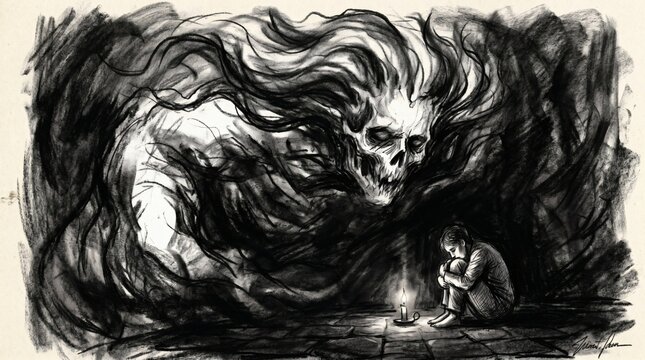 Terrifying spectral entity looming over a frightened person huddled by candlelight.