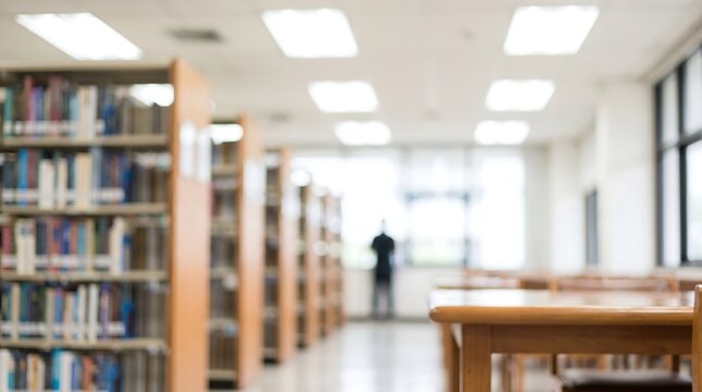 Blurred view of a quiet university library interior with wooden study tables and rows of bookshelves creating a peaceful atmosphere for academic research and student study sessions