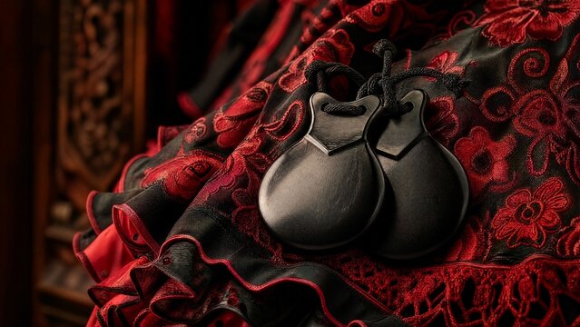 A pair of polished black castanets resting on an embroidered skirt.