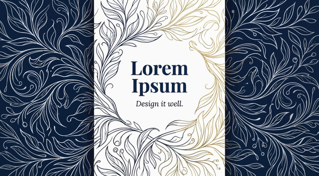 Elegant floral business card template with dark blue background and gold leaf line art