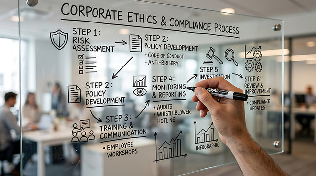 A hand drawing a corporate ethics and compliance process flowchart on a glass board in an office setting.