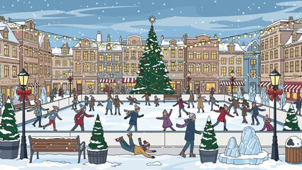 Obraz premium Winter Ice Skating Rink in Festive Town Square with Christmas Tree and Snowing