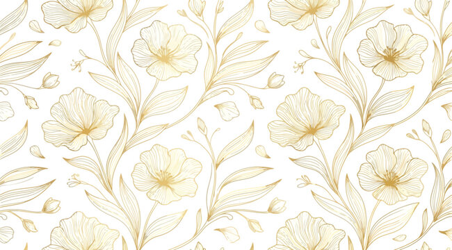 Seamless pattern with handdrawn flowers in gold line art style
