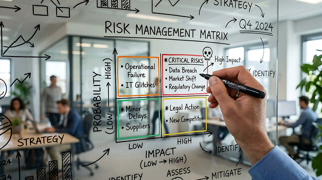 A professional's hand writing on a clear glass board, illustrating a detailed risk management matrix in an office environment, with critical business risks highlighted.