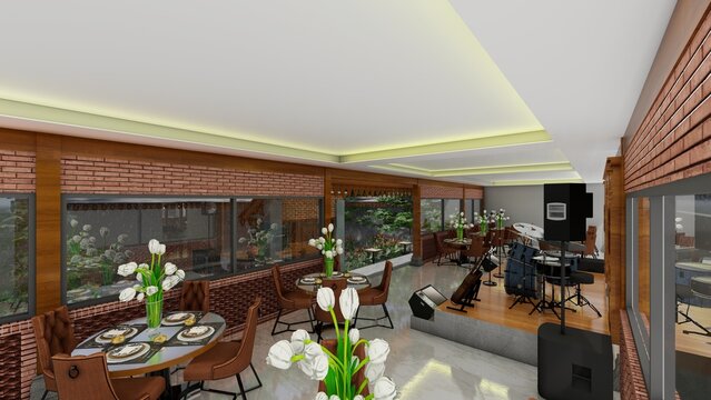 Traditional interior with exposed brick wall finish, interior of a restaurant in Central Java. 3D rendering