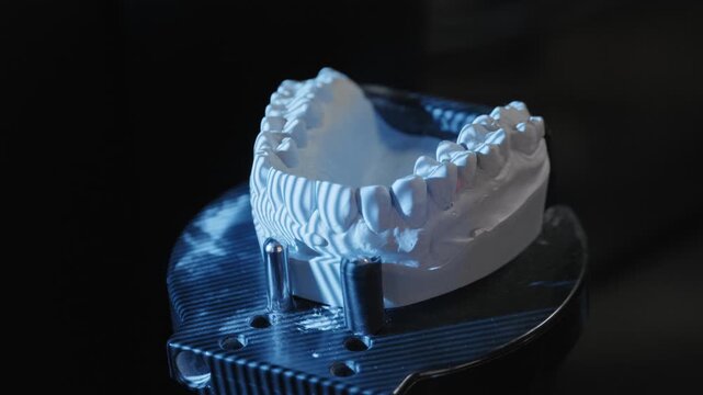 Modern 3D scanner scanning a plaster jaw model to create a digital copy in a dental workshop